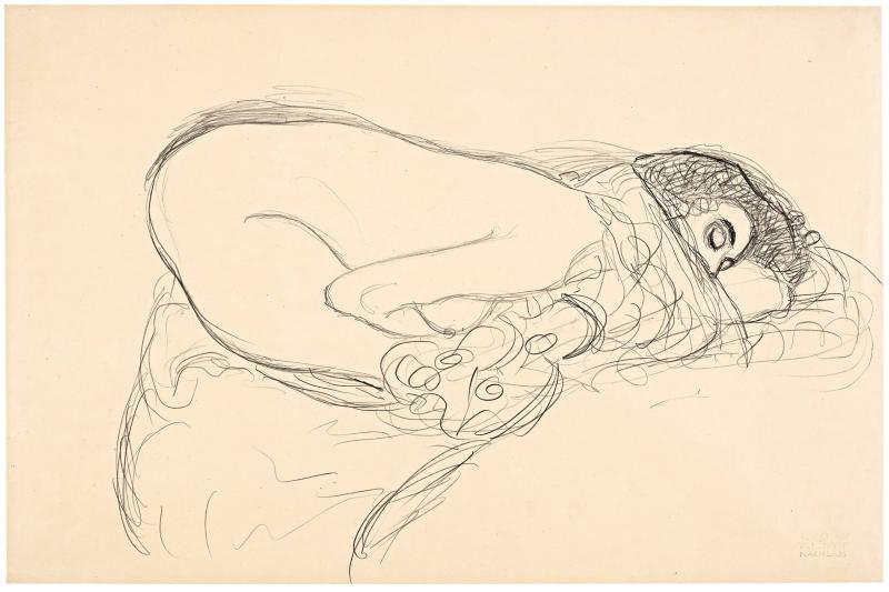 Gustav Klimt, Weiblicher Halbakt nach rechts in kniend-kauernder stellung. studie zu »Leda«, 1913/14 © Leopold Museum, Wien, Inv. 1375