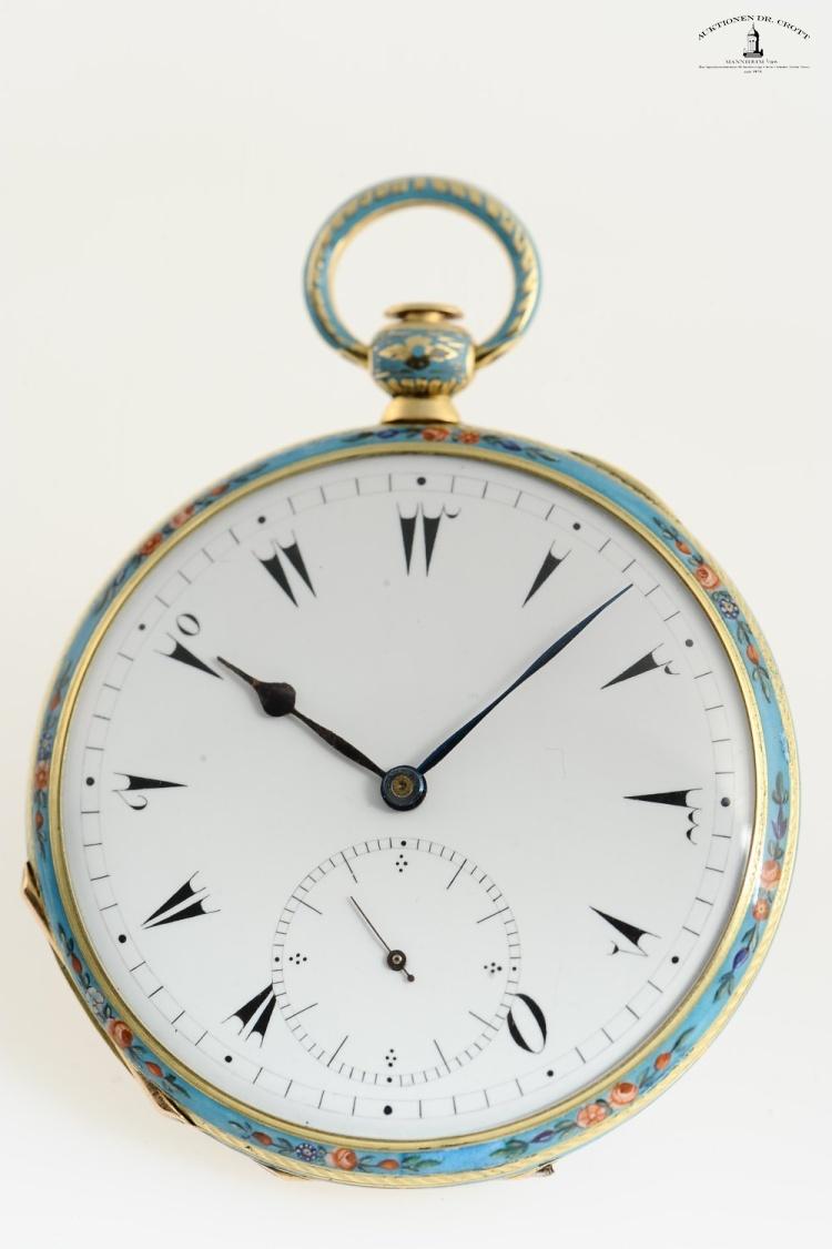 Vorderseite: Signiert Breguet, Geh. Nr. 3522, 49 mm, 67 g, circa 1840 Bedeutende, nahezu neuwertige Goldemailtaschenuhr, Schätzpreis 80.000 - 100.000 €