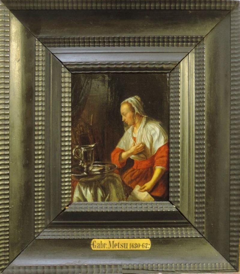 Gabriel Metsu, Die Briefleserin, Umkreis/Werkstatt, Ölgemälde, 17. Jh., wohl im originalen Rahmen 870 €