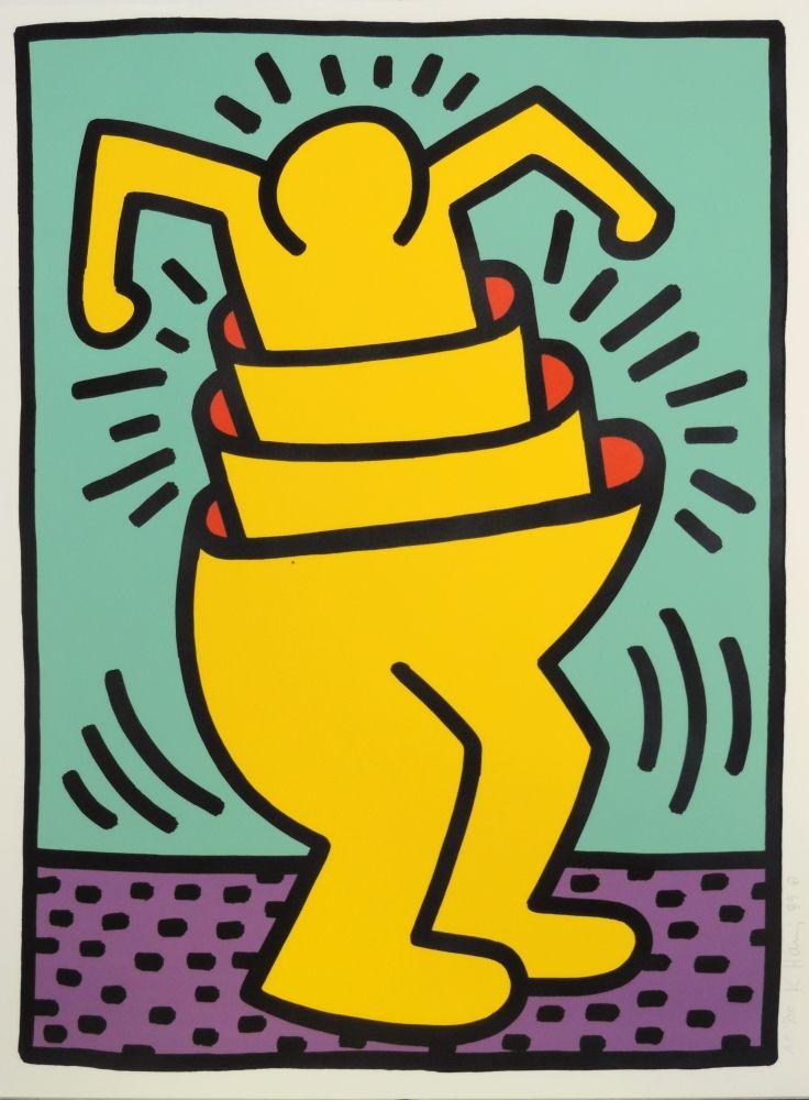 947  Keith Haring, „Untitled (Cup Man)”, signierte Künstlerabzug/Farbserigraphie von 1989, o. Rahmen Keith Haring, 1958 Reading/Pennsylvania - 1990 New York, Cup Man in Gelb vor blaugrünem Grund 1.800 €