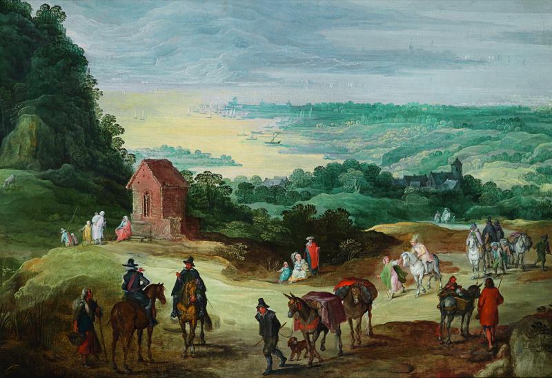 Joos de Momper (1564 - 1635) und Jan Brueghel II (1601 - 1678) Weite Flusslandschaft mit ziehenden Händlern und Wanderern, Öl/Leinwand, 73 x 106 cm Schätzwert € 180.000 - 250.000 Auktion 9. April 2014