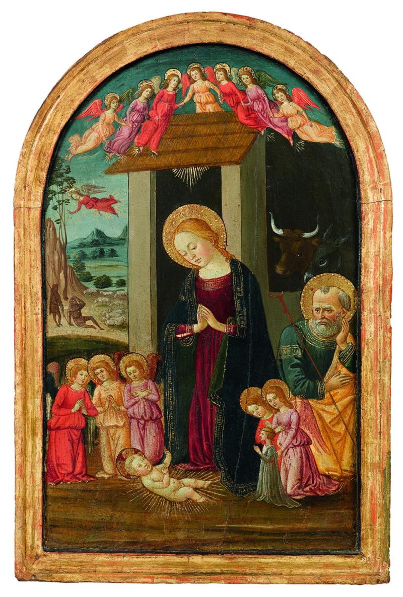 Maestro dell'Epifania di Fiesole, Die Geburt Christi mit Engeln und Stiftern, Tempera/Holz, 44 x 27,5 cm Schätzwert € 80.000 - 120.000 Auktion 9. April 2014