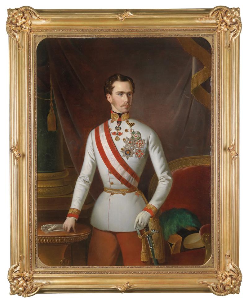 Nr. 36 Großes dekoratives Portrait des Jungen Kaisers in Feldmarschallsuniform mit Ordensschmuck, Öl/Leinwand, signiert J. N. Mayer (Johann Nepomuk Mayer, Wien 1806-1866), datiert 1858, 131 x 107 cm Schätzwert € 24.000 - 28.000 (mit Elisabeth-Portrait)