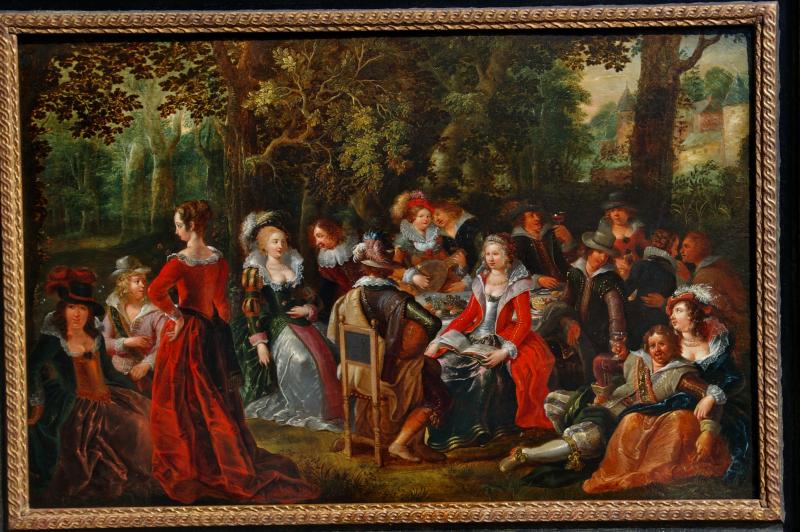 10. David Vinckboons „Elegante Gesellschaft“, um 1610, Öl auf Holz, 55,5 x 85 cm, verso: Hände und Turm von Antwerpen  Foto: Kunst & Antiquitätenhandel Andre