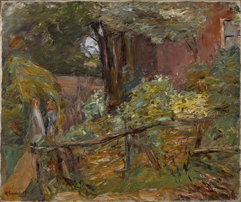 11. Max Liebermann „Zwei Mädchen auf einem Waldweg – Bauerngarten mit blühenden Sommerblumen“, 1914, Öl auf Leinwand, 67 x 80 cm, signiert und datiert links unten: M. Liebermann 1914  Foto: Dr. Michael Nöth – Internationaler Kunsthandel