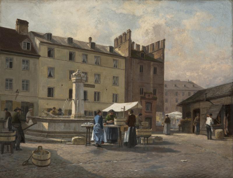 Albert Splitgerber, Anicht vom Viktualienmarkt mit Ficherturm, um 1870.  Foto: Inslegalerie Gailer