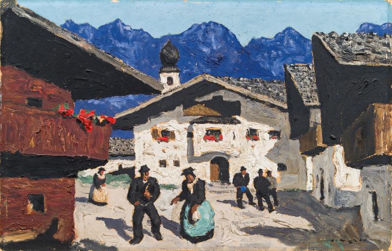 Alfons Walde * Schätzpreis € 100.000 - 200.000 (Oberndorf 1891 - 1958 Kitzbühel) Dorfplatz in Aurach, um 1933