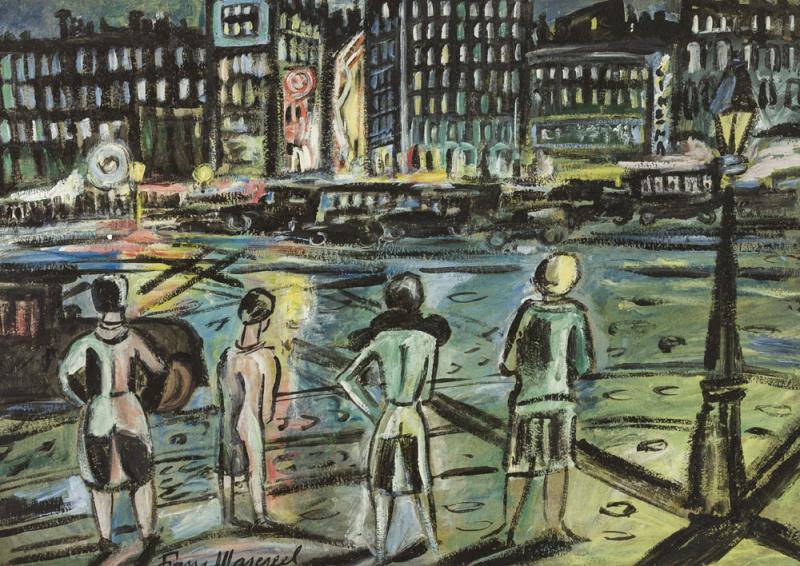 1062 Masereel, Frans  Vier Dirnen in Rückansicht vor nächtlicher Großstadtsilhouette.  Lit.: 1,13,14. (4296052) 1 000,-- EURO