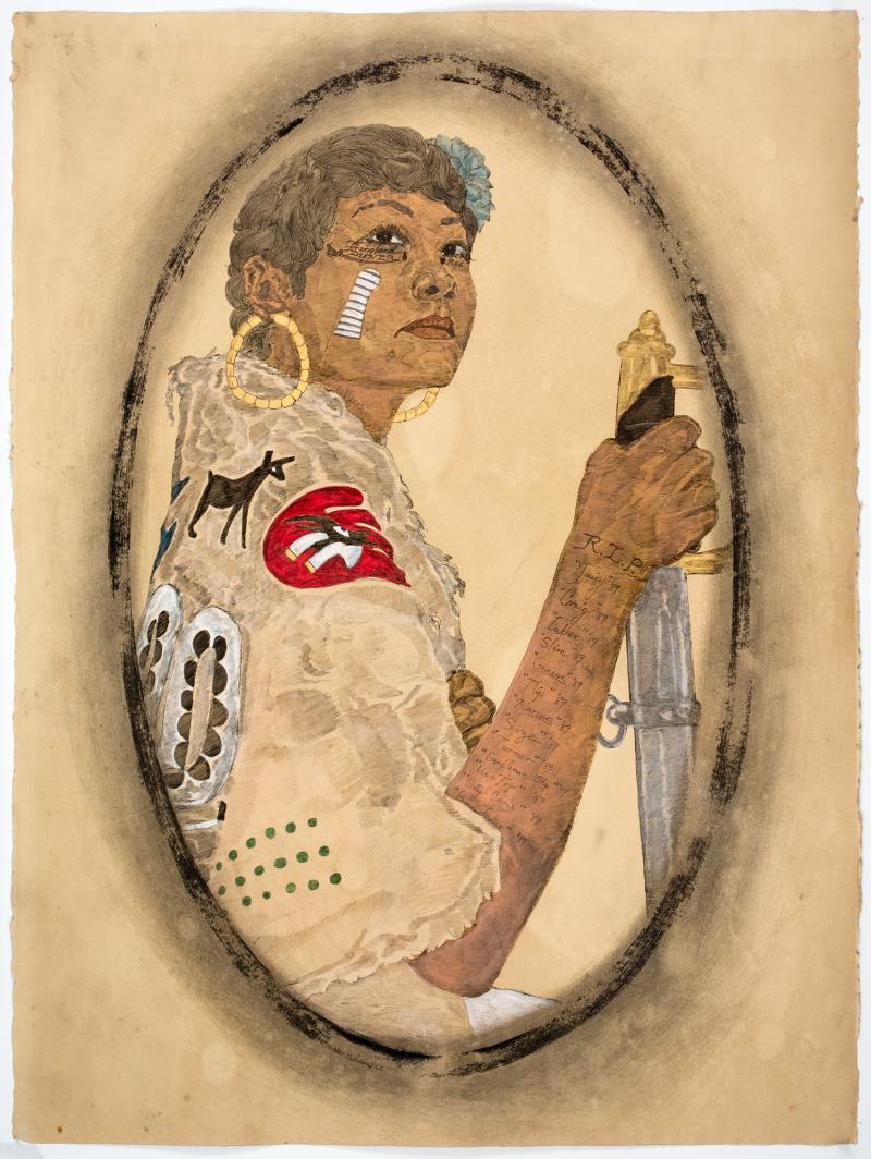 presented by Morgan Lehman Gallery, New York     Frohawk Two Feathers Mea Culpa 2014 Acrylic, ink, coffee, tea on paper 30 x 22 inches (76.2 x 55.9 cm)  Courtesy the artist and Morgan Lehman Gallery