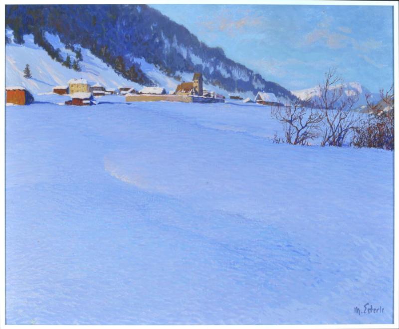 1687	Esterle, Max von, 1870 Cortina d'Ampezzo - 1947 Bezau Tempera/Lwd auf Krt. gez., 50 x 60 cm, " Dorf in verschneiter Berglandschaft ", u.r. sign., rücks. bez., Lit.: Thieme-Becker, Benezit, Vollmer, Dressler, Busse, Saur, Fuchs