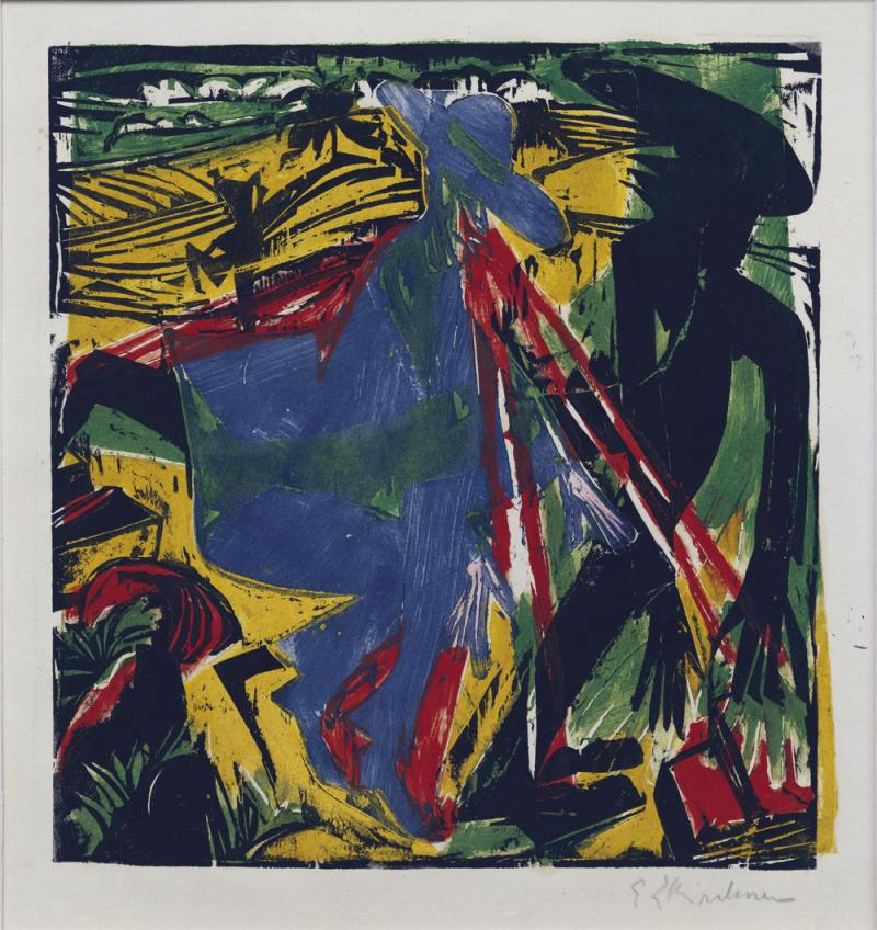 Ernst Ludwig Kirchner:	 Schlemihls Begegnung mit dem Schatten, 1915 Holzschnitt in Schwarz, Rot, Gelb, Blau und Grün 30,5 x 29,3 cm Inv.-Nr. F 122 g, Dube H 268 Brücke-Museum Berlin Karl und Emy Schmidt-Rottluff Stiftung