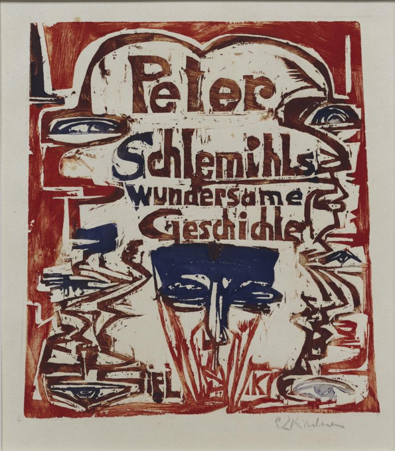 Ernst Ludwig Kirchner: “Peter Schlemihls wundersame Geschichte” Titelblatt, 1915 Hoozschnitt in Rot, Blau und Braun 29, 3 x 26, 3 cm Inv.-Nr. F 122 a, Dube H 262 Brücke-Museum Berlin Karl und Emy Schmidt-Rottluff Stiftung