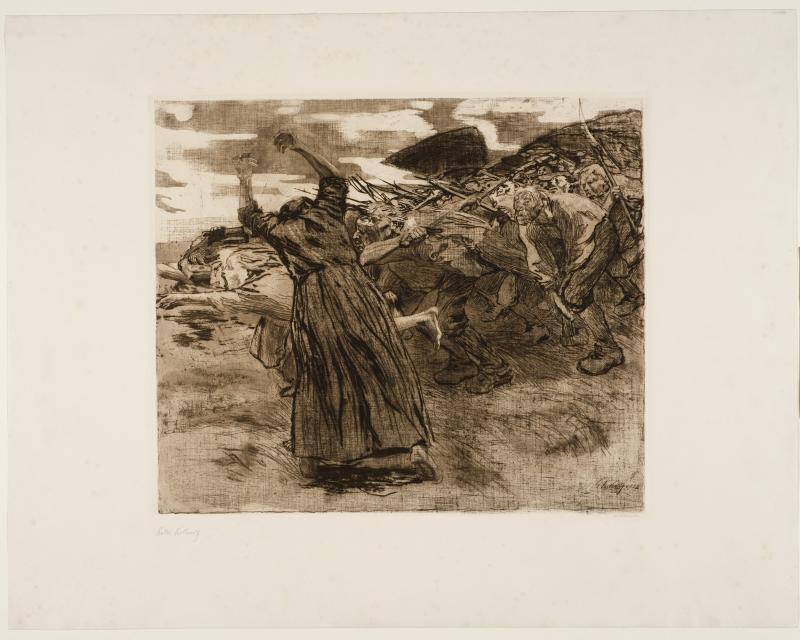 011 Kollwitz Käthe Kollwitz Losbruch, 1902 aus der Folge: „Der Bauernkrieg“, 5. Blatt Radierung in Braun; Aussprengverfahren, Stoffdurchdruck, Aquatinta 48,8 x 57,2 cm Sprengel Museum Hannover © VG Bild-Kunst, Bonn 2014 Foto: Michael Herling / Aline Gwose / Benedikt Werner,