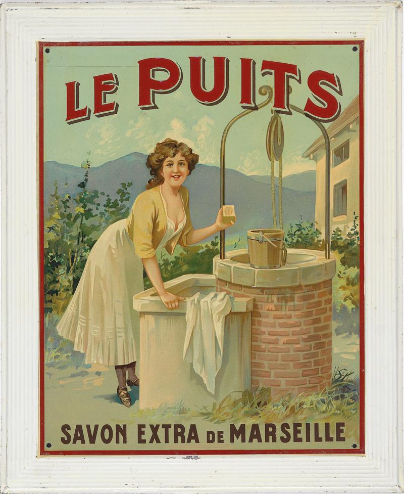 Le puits - Savon extra de Marseille, geprägtes Blechschild, 31,5 x 38 cm, Frankreich um 1900/1910, Rufpreis 400