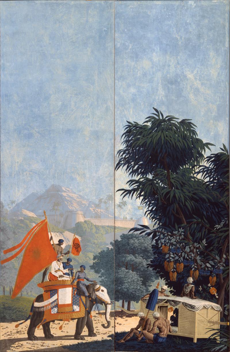 Tapete ,,Les Vues de l’Indostan‘‘, 1806/07 prämiert auf der Pariser Weltausstellung 1855 Entwurf: Pierre Antoine Mongin, Ausführung : Jean Zuber & Cie., Rixheim (nach 1830) Leimfarbe, Holzmodeldruck 217 x 67 cm (je Bahn) Germanisches Nationalmuseum, Nürnberg Kat. Nr. 2