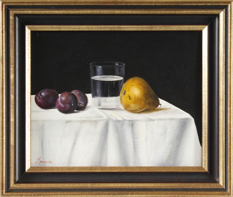 Joachim Bereuter (1946 Reinbek), Öl/Lw, signiert "Bereuter", "Stilleben mit Früchten und Wasserglas", 24,5x30cm, gerahmt (32,5x38,5cm), Limit 120 Euro