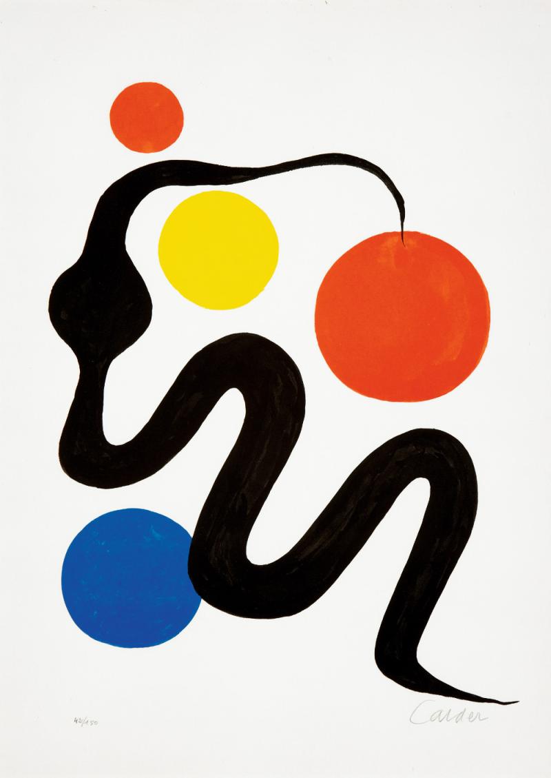 1495 / CHF 1200.– Calder Alexandre 1898 Philadelphia - 1976 New York "Composition". Farblithografie auf Büttenpapier. 42/150. Signiert. Gerahmt.  Bildmasse 70 cm × 50 cm