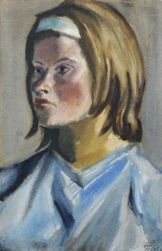 Curt Querner, Bildnis Inge Auxel mit blauem Haarband. Wohl 1964 oder 1969. 48,5 x 31,5 cm. 			4200 €