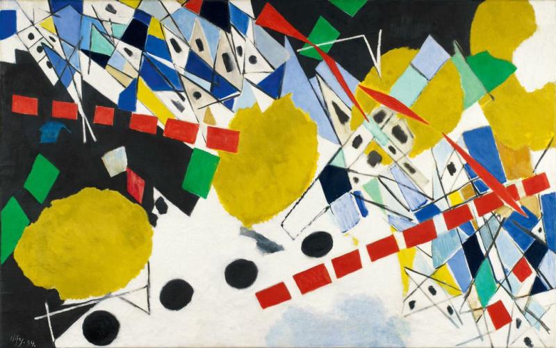 Ernst Wilhelm Nay  Mit gelben Scheiben und blauen Spitzen  1954 | Öl auf Leinwand | 125 x 200cm  Schätzpreis: 200.000 – 300.000 Euro