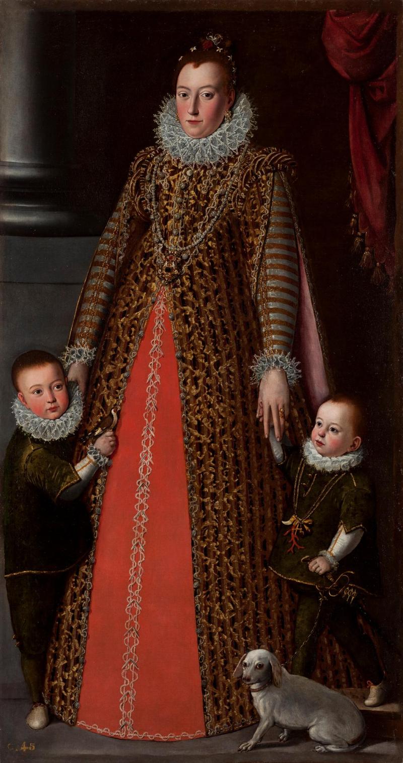 Pietro Fachetti (1535 - 1619) Presumed Portrait of Donna Livia Orsini Cesarini, Duchess of Civitanova, with her sons Don Alessandro and Don Virginio. Oil on canvas, 187 x 98 cm, c. 1597.  Galerie Canesso