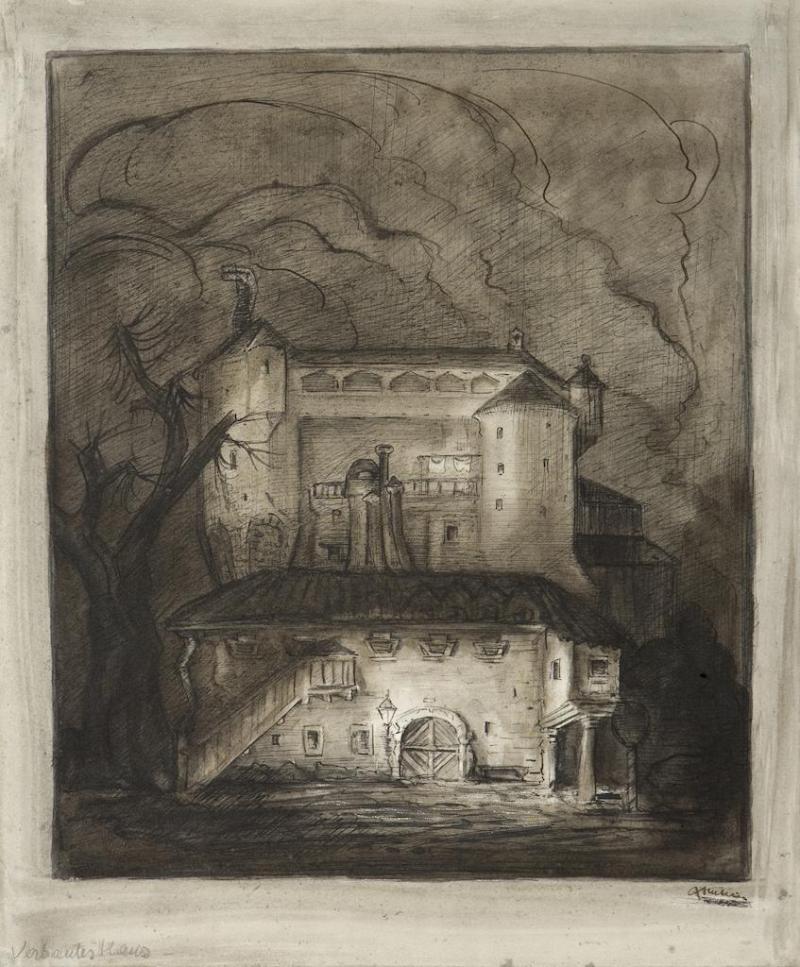 Alfred Kubin (1877 - 1959) Hodgepodge House. c. 1905/10. Watercolor and gouache, white heightening, pen and ink on paper. 39 x 31.6cm.  W & K - Wienerroither & Kohlbacher