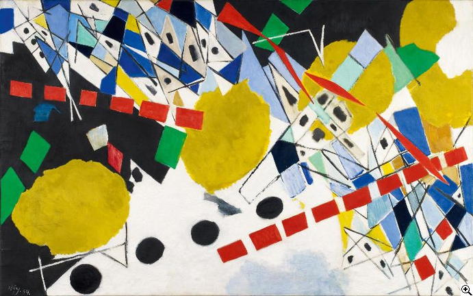 Ernst Wilhelm Nay  Mit gelben Scheiben und blauen Spitzen  1954 | Öl aredaktionuf Leinwand | 125 x 200cm  Ergebnis: 230.400 Euro