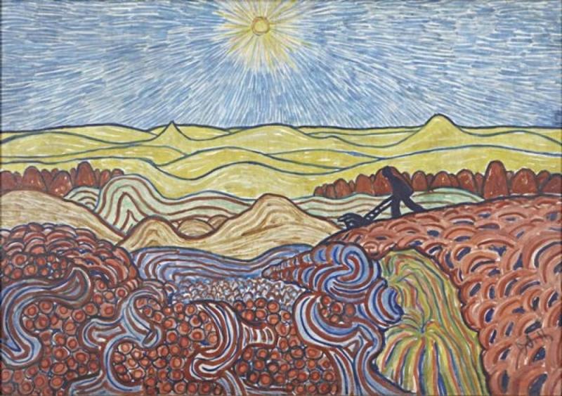 Wilhelm Morgner: Mann mit blauer Karre in ornamentaler Landschaft, 1911, Kunstmuseum Wilhelm-Morgner-Haus, Soest, Foto: Thomas Drebusch