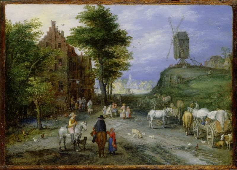 Jan Brueghel d.Ä. Dorfeingang mit Windmühle, 1603/1605 Öl auf Kupfer, 18 x 25,4 cm Privatsammlung