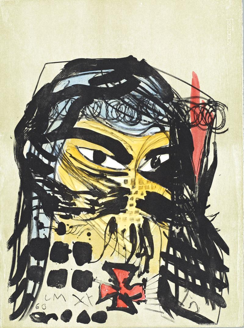 Jonathan Meese, HEILBUTTN’S DER KUNST (FORMZUCKI), 2006/11, Handkolorierte Lithographie auf Holzdruck, 75 x 56,50 cm. Kunsthalle Wilhelmshaven; © VG Bild-Kunst, Bonn 2015