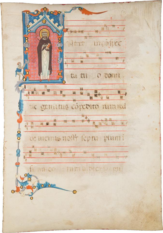 ITALIENISCHER MEISTER tätig im 13. Jh. Antiphonarfragment, Bildinitiale mit heiligem Dominikus Pergament. 44,5 cm x 31 cm Schätzpreis: 3.000 – 5.000 Euro