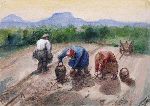 Pol Cassel, Bei der Kartoffellese. 1927.  Aquarell und Federzeichnung in Tusche über Bleistift auf strukturiertem, bräunlichen Papier. Verso mit einer weiteren Darstellung, Bäume am See. Diese in Blei signiert "PCassel" und datiert u.re. Im Passepartout hinter Glas in hochwertiger, profilierter Leiste gerahmt. 3800 €