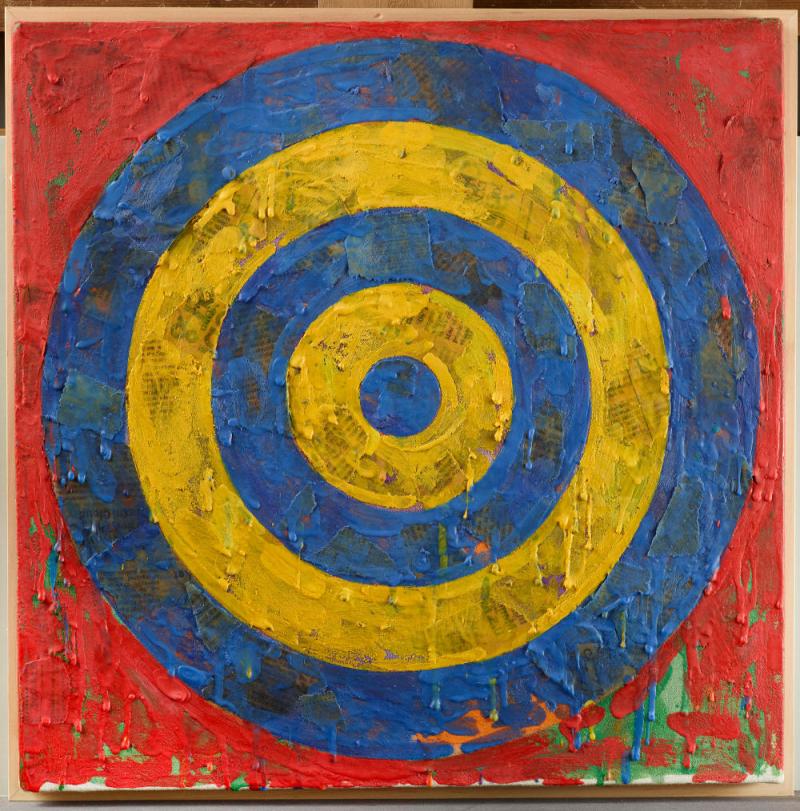 Jasper Johns Target, 1974 Enkaustik und Zeitungspapier auf Leinwand / Encaustic and newsprint on canvas 40,6 × 40,6 cm Museum Ludwig, Köln/Cologne (Schenkung Ludwig / donation from the Ludwig Collection). seit / since 2011