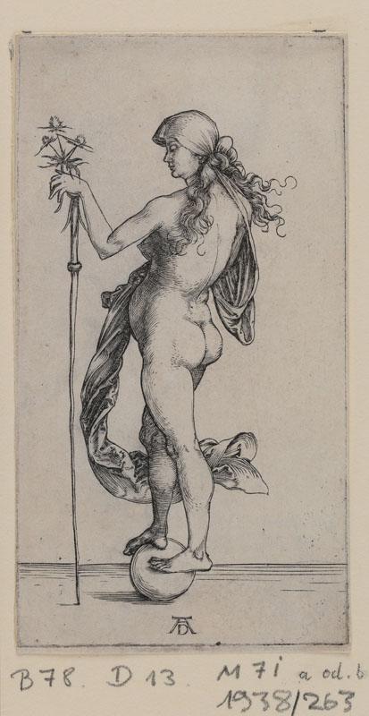 Albrecht Dürer, Fortuna (Das kleine Glück), um 1495, Kupferstich, Inv.nr. 1938/263, Bartsch 78 – Graphisches Kabinett, Wallraf-Richartz-Museum