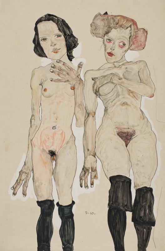 Egon Schiele, Zwei nackte Mädchen mit schwarzen Strümpfen, 1910 © Privatbesitz Wien, Foto: Privatbesitz Wien