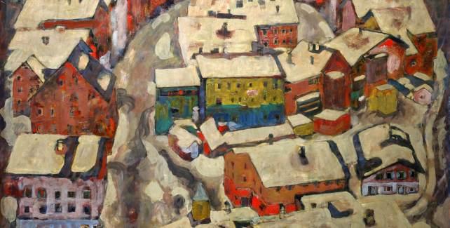 Alfons Walde, „Kitzbühel im Schnee“, um 1919, Öl auf Tempera auf starkem Papier/Karton, Foto: Galerie Martin Suppan