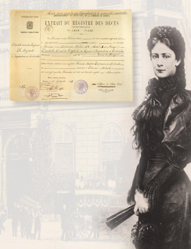 Kaiserin Elisabeth von Österreich, original Totenschein vom  13. September 1898 der Stadt Genf anläßlich der Ermordung der Kaiserin am 10. September 1898.  Schätzwert € 1.000 - 2.000