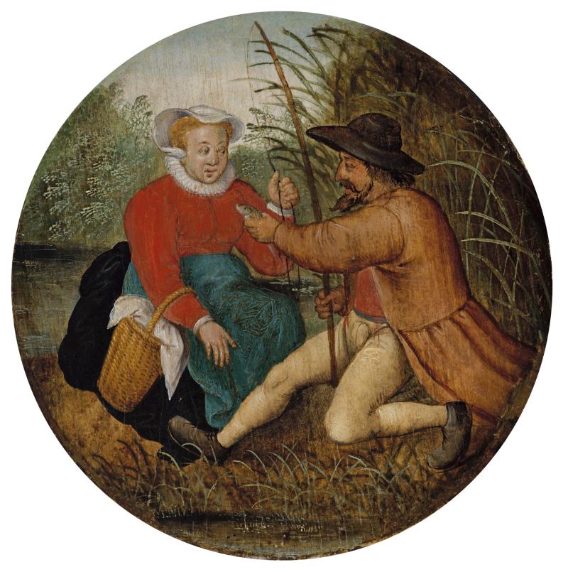 Pieter Brueghel II. (1564 - 1637/38) Das Paar beim Angeln, Öl auf Holz, Durchm. 19,1 cm  Schätzwert € 180.000 - 200.000