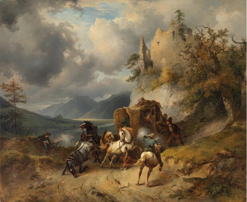 Lot 1157 Friedrich Gauermann (Miesenbach 1807 - 1862)  Der Überfall, signiert, datiert 1834,  Öl auf Leinwand, 60,5 x 74 cm  erzielter Preis € 173.800