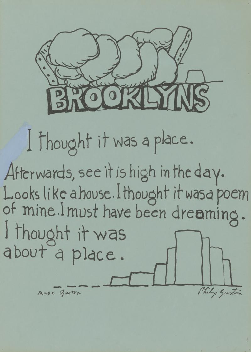 Musa McKim / Philip Guston, Brooklyns, Originalzeichnung für das Dichterbuch Bill Berkson (Ed.), Big Sky, Number Four, Bolinas, Cal. 1972, Tusche auf blauem Papier, 508 x 359 mm, Privatsammlung  Foto: Staatliche Graphische Sammlung München © The Estate of Philip Guston, New York