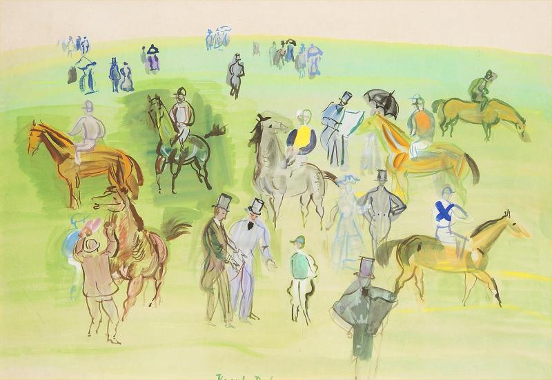 Raoul Dufy (1877 - 1953) Chevaux et Jockeys sur la Pelouse 1933 Gouache and Watercolour on paper. Signed lower centre.