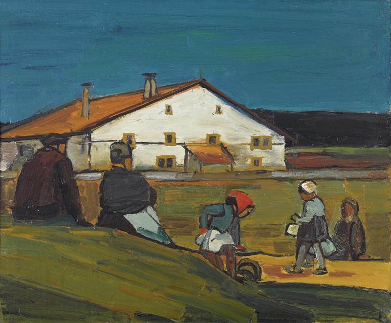 Los 210 Albert Schnyder "Devant la ferme". Öl auf Rupfen, 60x73 cm, verso a. Künstler-Etikett sig., dat. 1962 u. betitelt. (Schätzpreis: CHF 9500) ZUSCHLAG: CHF 17‘000