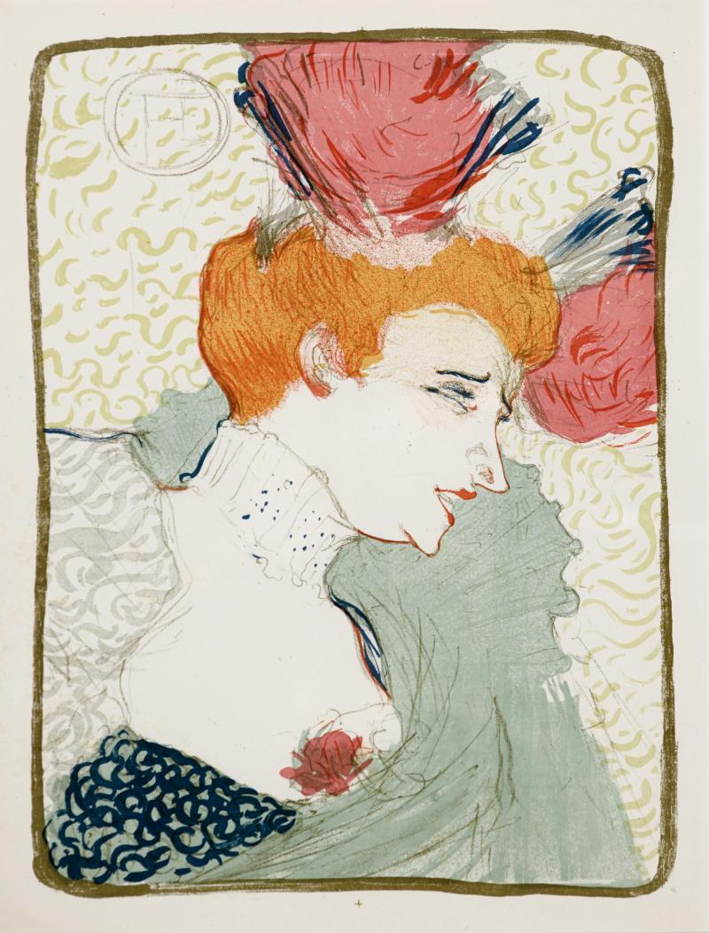 Los 487 Henri de Toulouse-Lautrec  "Mademoiselle Lender, en buste". Farblithografie, 37x28 cm (BG) im Stein mgr. o.l., typografisch bez. "Pan I 3." (Schätzpreis: CHF 9’500)  ZUSCHLAG: 15‘000