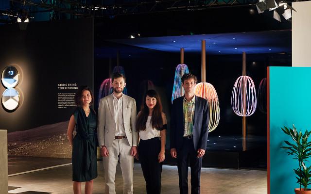 Left to right: Elaine Yan Ling Ng, Alexander Groves and Azusa Murakami of Studio Swine and Tomás Alonso/ Design Miami/ Basel 2015/ Credit: James Harris