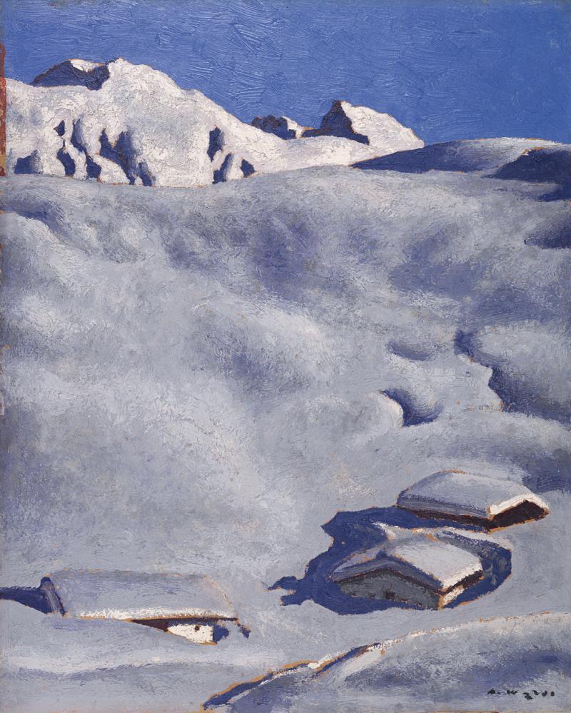 Nr. 526  Alfons Walde (1891-1958)   Almen im Schnee  Öltempera auf Karton,  57 x 46 cm