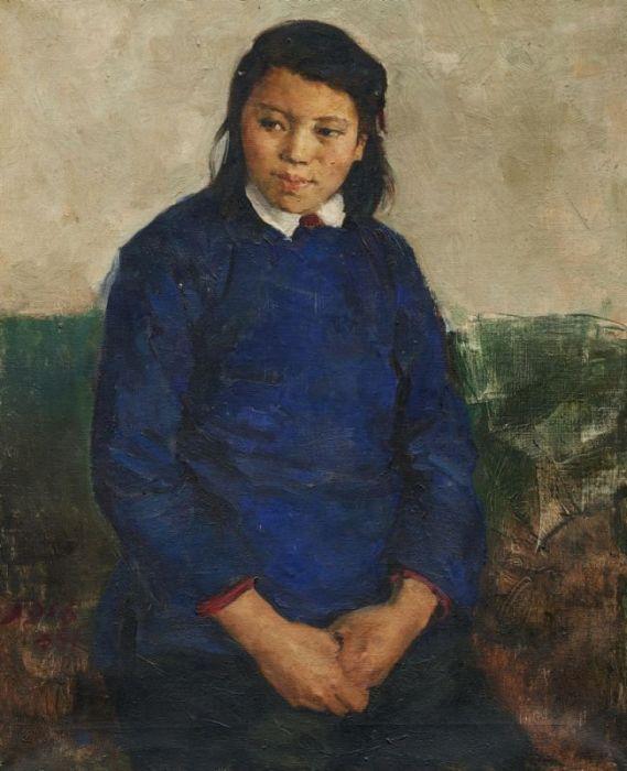 Wenxin Zhang Sitzende junge Frau mit blauer Jacke 1956 Ölgemälde 47 x 38cm Ergebnis: 11.520 Euro