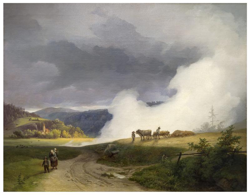 Ignaz Raffalt, "Voralpenlandschaft mit aufsteigendem Nebel", 1845, Öl auf Leinwand, 42,2 x 52,8 cm, Sammlung Neue Galerie Graz, Foto: Universalmuseum Joanneum/N. Lackner