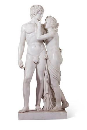 Venus und Adonis, Venus und Adonis, nach Antonio Canova. Rechteckiger Plinthensockel. Weißer Marmor. H 170 cm  Ausrufnummer: 1519  Ausrufpreis: 6500 Euro