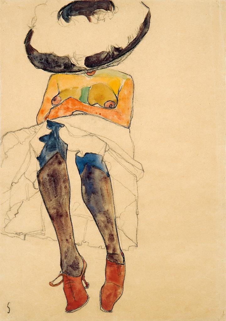 Egon Schiele (Tulln 1890 - Wien 1918)  Seated Semi-nude With Hat And Purple Stockings (gerti), 1910 Black crayon, gouache and watercolour on paper 44.9 x 31.7 cm   Wienerroither & Kohlbacher