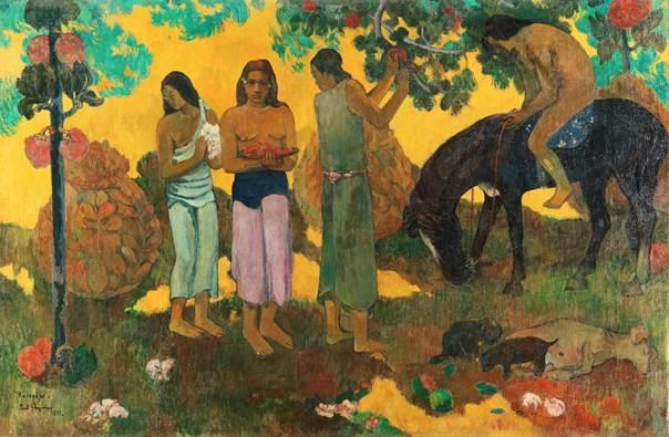 Paul Gauguin, Rupe Rupe, 1899, La cueillette des fruits, Obsternte, Öl auf Leinwand, 128 x 190 cm, Staatliches Museum für Bildende Künste A.S. Puschkin, Moskau, Foto: © Staatliches Museum für Bildenden Künste A.S. Puschkin, Moskau