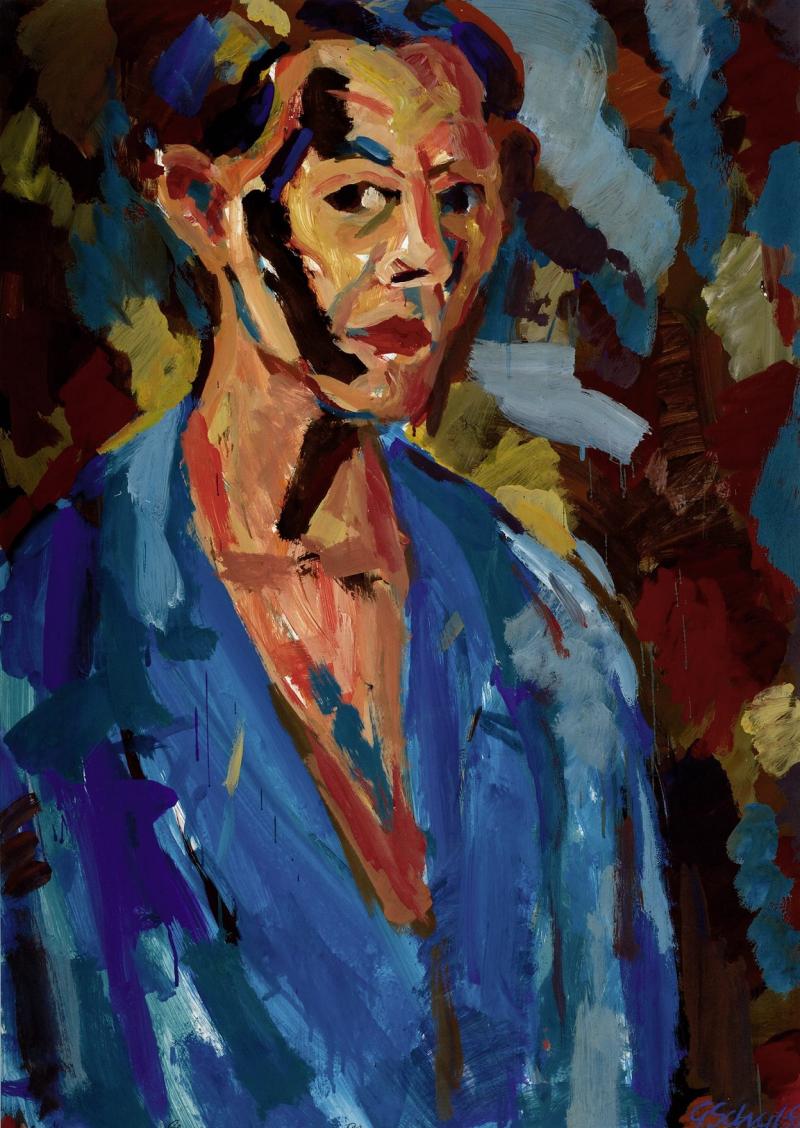 Gabriele Schulz; Selbst mit blauer Jacke, 1997; Gouache, 102 x 73 cm; Kunstsammlung des Landes Mecklenburg-Vorpommern; Foto: nordlicht © Gabriele Schulz